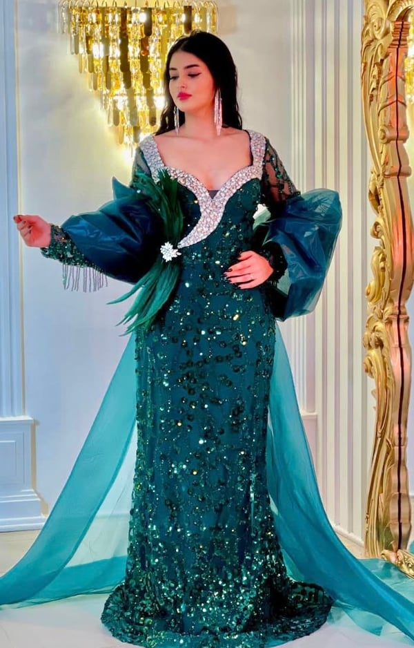 Sequins Feathers Dress with Satin Tail